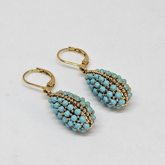 Joan Rivers Faux Turquoise Encrusted Egg Lever Back Pierced Earrings Teardrop - Picture 5 of 12